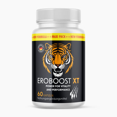 Kunststoffdose mit Tigerabbildung und Schrift Eroboost XT Power for Vitality, 60 Kapseln